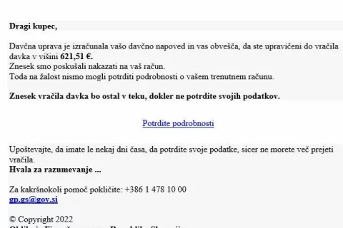 Na fotografiji je primer takšnega lažnega zlonamernega sporočila. / Foto: Policija