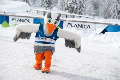 Uradna maskota svetovnega prvenstva Vita ob vsaki priložnosti, vse skupaj lepo povabi v Planico na FIS svetovno prvenstvo v nordijskem smučanju. / Foto: Nik Bertoncelj