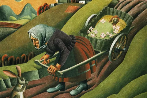 Kočarica Luca iz Cvetja v jeseni na freski Iveta &Scaron;ubica v Osnovni &scaron;oli Poljane, naslikana 1986. V istoimenskem filmu jo je upodobila Du&scaron;a Počkajeva. / Foto: Osnovna &scaron;ola Poljane