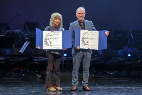 državna proslava ob slovenski kulturni praznik in podelitev Prešernova nagrada in nagrada Prešernov sklad Ljubljan CD na fotografiji Prešernova nagrajenca za življensko delo Ema Krugler filmska avtorica in Herman Gvardjančič akademski slikar / Foto: Tina Dokl