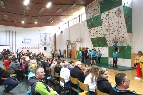 Plezalna stena v šolski telovadnici je bila opremljena za začetnike, zato jo želijo dograditi. / Foto: Gorazd Kavčič / Foto: 
