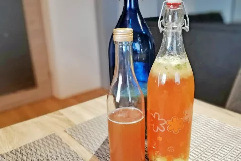 Različni okusi kombuč pripravljeni za drugo fermentacijo / Foto: 