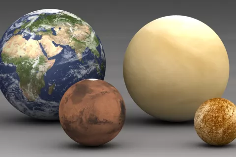 Štirje notranji planeti našega osončja v primerjalni velikosti. Z leve: Zemlja, Mars, Venera in Merkur. / Foto: Wikipedija