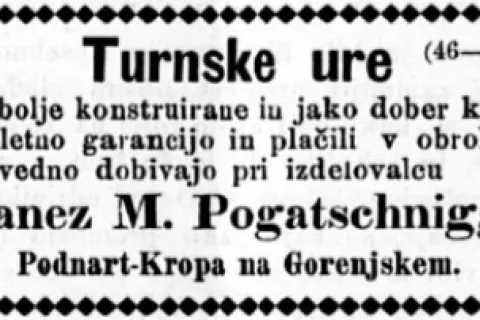 Oglas »Turnske ure Pogačnik«, vir: Slovenski narod, 28. 3. 1873 / Foto:  