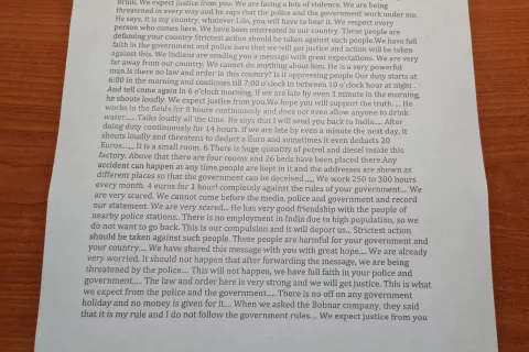 Pismo (v angleščini), s katerim so se indijski delavci, zaposleni na Bobnarjevi kmetiji, obrnili za pomoč na predsednico republike dr. Natašo Pirc Musar / Foto: Cveto Zaplotnik