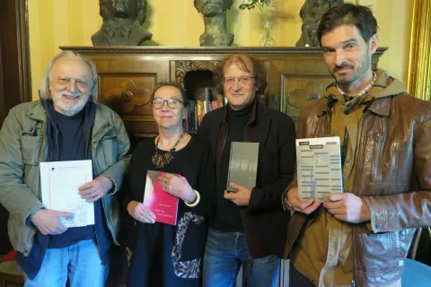 Med avtorji sedmih nominiranih pesni&scaron;kih zbirk so tudi pesniki: (od leve) Goran Gluvić, Tatjana Pregl Kobe, Brane Senegačnik in Jure Jakob. / Foto: Igor Kavčič