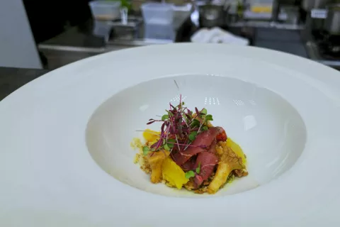 Račko smo tokrat okušali v hladni predjedi: marinirana račja prsa z lisičkami in pomarančo. / Foto: Alenka Brun