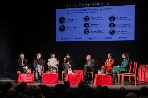 Srečanje Pre&scaron;ernovi nagrajenci Kranj 2026 Pogovor s Pre&scaron;ernovimi nagrajenci Pre&scaron;ernovo gledali&scaron;če / Foto: Tina Dokl