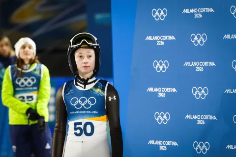 Italija, Predazzo.Zimske olimpijske igre 2026.Smučarski skoki, velika skakalnica, ženske, druga serija.Slovenska skakalka Nika Prevc. / Foto: Anže Malovrh/sta