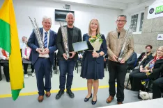 odprtje sedemnajst novih povezanih elektronskih tarč prostori Strelsko dru&scaron;tvo &Scaron;kofja Loka z leve Igor Macur, Tine Radinja, Lejla Mahmutović, Rajmond Debevc / Foto: Tina Dokl