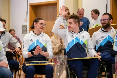 Sprejem paraolimpijcev Zimske paraolimpijske igre 2026Sprejem Tabea Dolžan in Jernej Slivnik na Jesenicah 16.3.2026 / Foto: Nik Bertoncelj