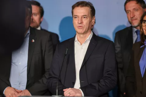 Volitve v državni zbor 2026 novinarsko sredi&scaron;če DZ stranka Gibanje Svoboda Robert Golob / Foto: Tina Dokl