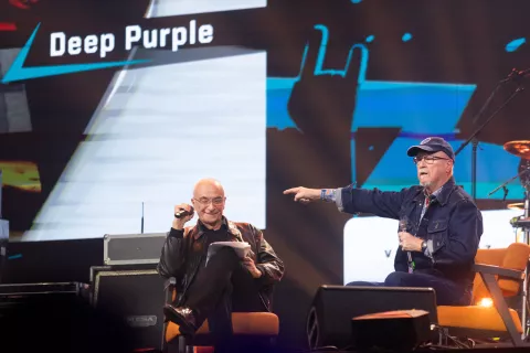 Ivo Boscarol in Tomaž Domicelj na glasbeno-družabnem dogodku Ivo Rocks 7.0, v slavje 70. rojstnemu dnevu letalca in podjetnika Iva Boscarola. Ljubljana, 15. 4. 2026 / Foto: Matic Zorman