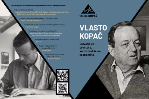 Dve podobi Vlasta Kopača: levo v Plečnikovi risalnici okrog leta 1938, desno v letu 1988. Detajl zloženke Medobčinskega muzeja Kamnik s programom leto&scaron;njih prireditev / Foto:   