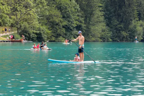 Blejsko jezero plavanje sup supanje čoln kajak vročina plavalci turisti Bled / Foto: Tina Dokl