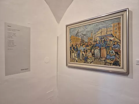 Ob delu Avgusta Černigoja Delovno ljudstvo (1949), olje na platnu, pesem Srečka Kosovela Odprto / Foto: Igor Kavčič