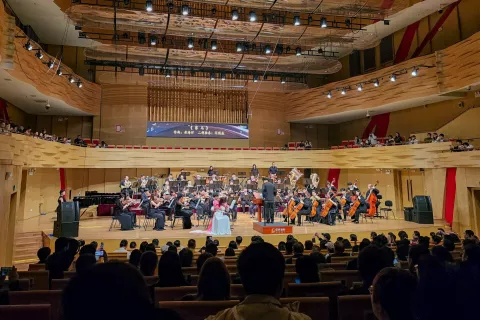 Koncert simfoničnega orkestra s spremljavo tradicionalnega kitajskega glasbila. / Foto: Nik Bertoncelj
