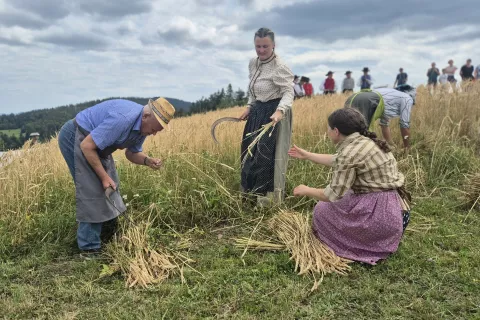 Tudi oblačila, v katerih člani TD Žirovski vrh prikazujejo stara kmečka opravila, so prava pa&scaron;a za oči. / Foto: Klara Mrak