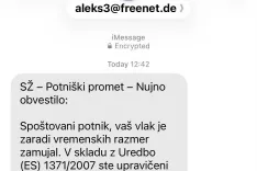Primer lažnega sporočila v imenu družbe Slovenske železnice, SŽ - Potni&scaron;ki &scaron;romet / Foto: Slovenske železnice