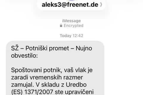 Primer lažnega sporočila v imenu družbe Slovenske železnice, SŽ - Potni&scaron;ki &scaron;romet / Foto: Slovenske železnice