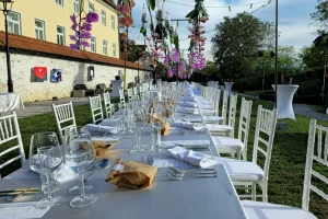 Kranjska dolga miza je letos petič takole pričakala svoje goste: v soncu in s cvetličnim aranžmajem Matjaža Begu&scaron;a. Viseče orhideje so navdu&scaron;evale ves čas kulinaričnega dogodka. / Foto: Alenka Brun