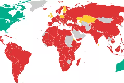 Prvomajski zemljevid sveta: rdeče so države, v katerih je prvi maj praznik. V rumenih je 1. maja nek drug praznik, v zelenih je praznik dela na drug datum, v sivih se prvega maja ne praznuje nič. / Foto: Wikipedija