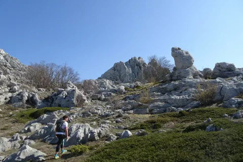 Izrazit skalni rog, ki je iz vsake strani videti drugače. Za njim sledi manjša travnata dolinica. / Foto: Jelena Justin