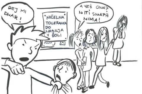 O nasilju v šolah so pred časom razmišljali tudi v okviru novinarskega krožka na Osnovni šoli Ivana Tavčarja Gorenja vas in tako je nastala tudi ta ilustracija učenke sedmega razreda Kaje Oblak. / Foto: Arhiv šole