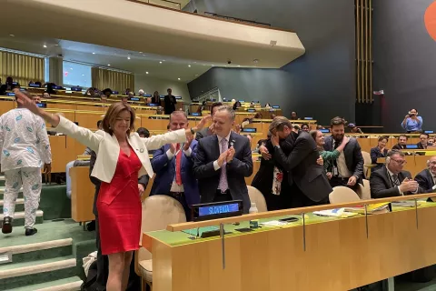 Slavje ob izvolitvi Slovenije za nestalno članico Varnostnega sveta Združenih narodov. Ministrica za zunanje in evropske zadeve Tanja Fajon. / Foto: Mzez