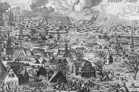 Gravura strašne poplave (»Die erschreckliche Wasser-Fluth«), ki je leta 1634 prizadela severnomorske obale Nemčije in Danske. / Foto: Wikipedija