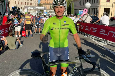 Uroš Prevc na cilju v Pieve di Soligo / Foto: Nataša Prevc