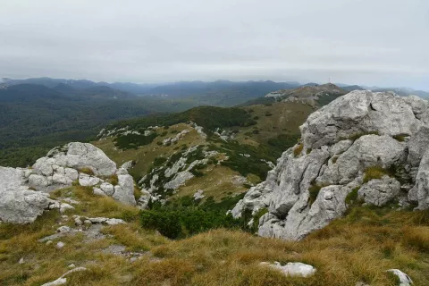 Sosednja Guslica, zadaj Snežnik na naši strani, povsem v ozadju pa Julijske Alpe s Triglavom. / Foto: Jelena Justin