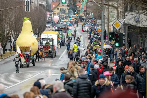 S hruško na čelu je krenil sprevod od Hrušice do Čufarjevega trga. / Foto: Nik Bertoncelj