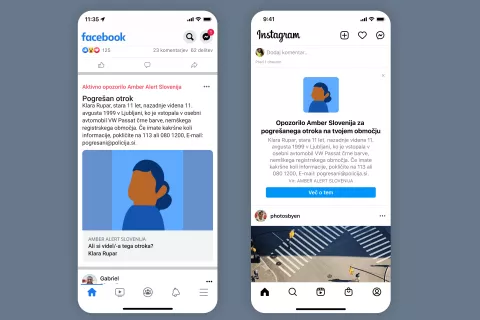 Vzorčni primer aktivacije orodja Amber Alert Slovenija na Facebooku in Instagramu v primeru najbolj resnih in ogrožajočih pogre&scaron;anj oziroma izginotij otroka / Foto: Policija