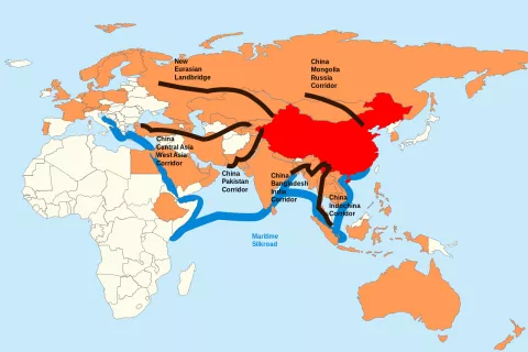Na tem zemljevidu so začrtane smeri, na katerih Kitajska uveljavlja svojo pobudo Pas in cesta (Belt and Road).  / Foto: Foto: Wikipedija