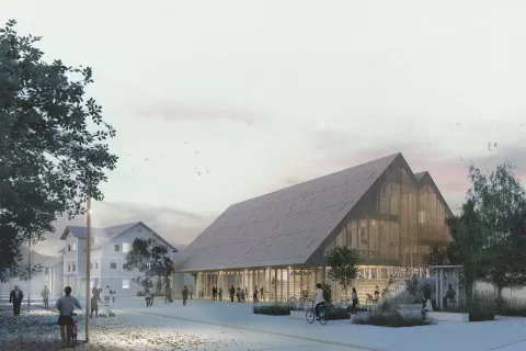 Vizualizacija zmagovalne re&scaron;itve sodobnega kulturnega doma z dvorano in knjižnico / Foto: prostorski prikaz, Svet vmes