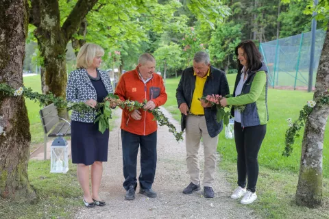Sprehod po obnovljenem kostanjevem drevoredu, od leve: županja Občine Kranjska Gora Henrika Zupan, Brane Oblak, Jože Kotnik in Klavdija Gomboc / Foto: Tina Dokl