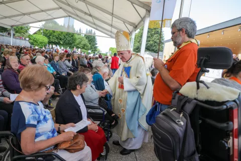 Nad&scaron;kof msgr. Stanislav Zore je skupaj z drugimi duhovniki romarjem delil obhajilo in bolni&scaron;ko maziljenje. / Foto: Tina Dokl