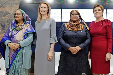 Bangladeška premierka Sheikh Hasina, estonska premierka Kaja Kallas, tanzanijska predsednica Samia Suluhu in prva ministrica Škotske Nicola Sturgeon v Glasgowu, 2. 11. 2021 / Foto: Wikipedija / Foto: 