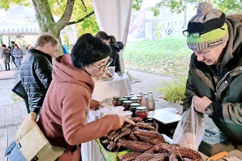 Gostinci, vključeni v Okuse Radol'ce, in njihovi dobavitelji so se v petek predstavili na vrtu Vile Podvin. Tržnica lokalnih dobaviteljev, ki so jo v zadnjih letih enkrat mesečno pripravljali v Podvinu, se z decembrom seli na trg pred cerkvijo v starem mestnem jedru Radovljice. / Foto: 
