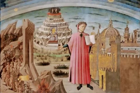 Dante z Božansko komedijo v rokah. Levo od njega Pekel, za njim so Vice, desno od njega pa Firence. Naslikal Domenico di Michelino, 1465. / Foto: Wikipedija / Foto: 