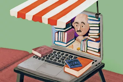 Knjižni nakupi s kavča / Ilustracija: Nenad Cizl (Trampolin) / Foto: 