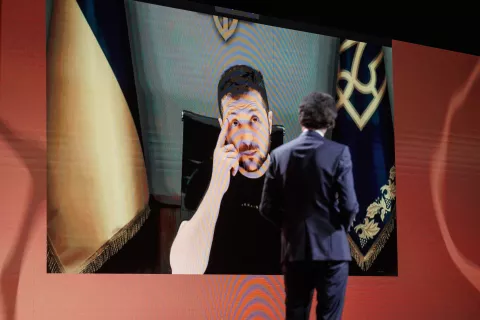 Panel voditeljev na Blejskem strateškem forumu je preko videopovezave nagovoril ukrajinski predsednik Volodimir Zelenski. / Foto: Bsf/nebojša Tejić (sta)
