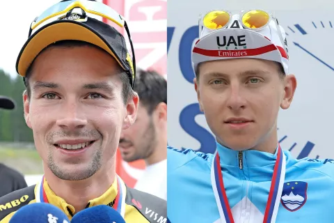 Dirka po Baskiji je prva v letošnji sezoni, na kateri nastopata tako Tadej Pogačar (desno) kot Primož Roglič. Zaključila se bo jutri. / Foto: Gorazd Kavčič / Foto: 