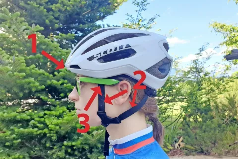 Pravilno nastavljena čelada in očala: 1. čelada naj ščiti predvsem čelo, 2. trakovi naj bodo enakomerno nastavljeni, 3. očala naj bodo na zunanjem delu trakov za zapenjanje čelade / Foto: 