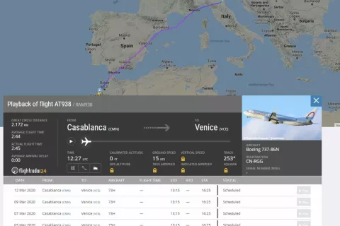 Let AT938 družbe Royal Air Maroc iz Casablance v Benetke, na katerem je bil okuženi s koronavirusom / Foto: spletna stran Flightradar24 / Foto: 