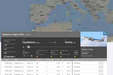 Let AT938 družbe Royal Air Maroc iz Casablance v Benetke, na katerem je bil okuženi s koronavirusom / Foto: spletna stran Flightradar24 / Foto: 