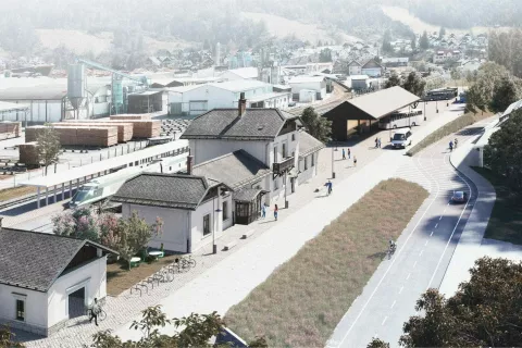 Potni&scaron;ko sredi&scaron;če v Bohinjski Bistrici, kot so si ga zamislili avtorji zmagovalnega elaborata / Foto: